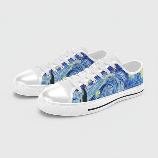 Freaky Shoes® women's canvas sneakers featuring a blue Starry Night art print with white laces and rubber soles.