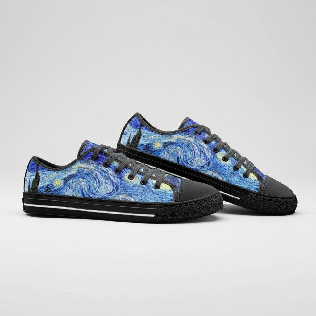 Freaky Shoes® Starry Night art print low-top canvas sneakers with black laces and rubber toe caps