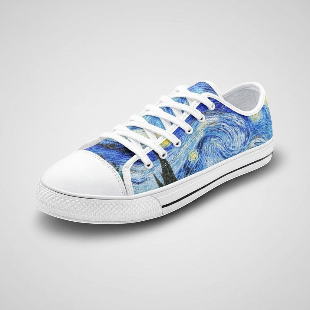 Freaky Shoes® Starry Night canvas sneakers featuring blue galaxy art, white laces, and a durable rubber toe cap.