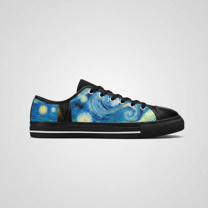 Freaky Shoes® low-top canvas sneakers featuring Van Gogh Starry Night art print with black laces and rubber toe cap.