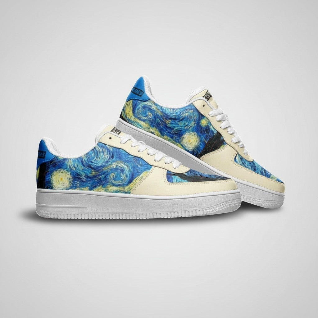 Freaky Shoes® Starry Night art high-top canvas sneakers with cosmic blue galaxy print and white rubber soles.