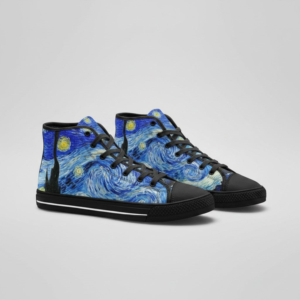 Freaky Shoes® high-top canvas sneakers featuring Van Gogh Starry Night art print with black laces and rubber soles.