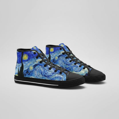 Freaky Shoes® high-top canvas sneakers featuring Van Gogh Starry Night art print with black laces and rubber soles.