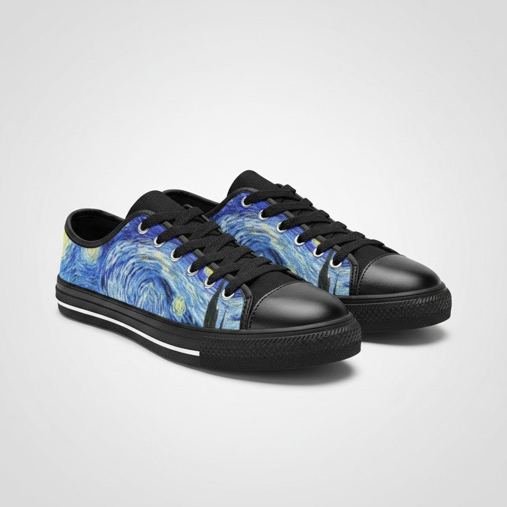 Freaky Shoes® Starry Night low-top canvas sneakers featuring a blue and yellow swirling galaxy art print