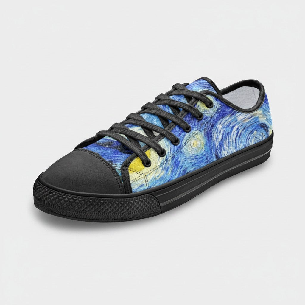 Freaky Shoes® Starry Night art print high-top canvas sneakers with black laces and rubber toe cap.