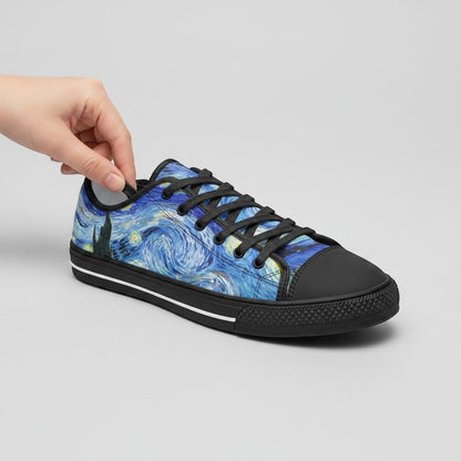 Freaky Shoes® Starry Night art canvas high-top sneakers with blue galaxy print and black laces on a grey background.
