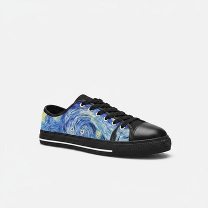 Freaky Shoes® women's low-top canvas sneakers featuring a Starry Night galaxy print with black laces and toe cap.