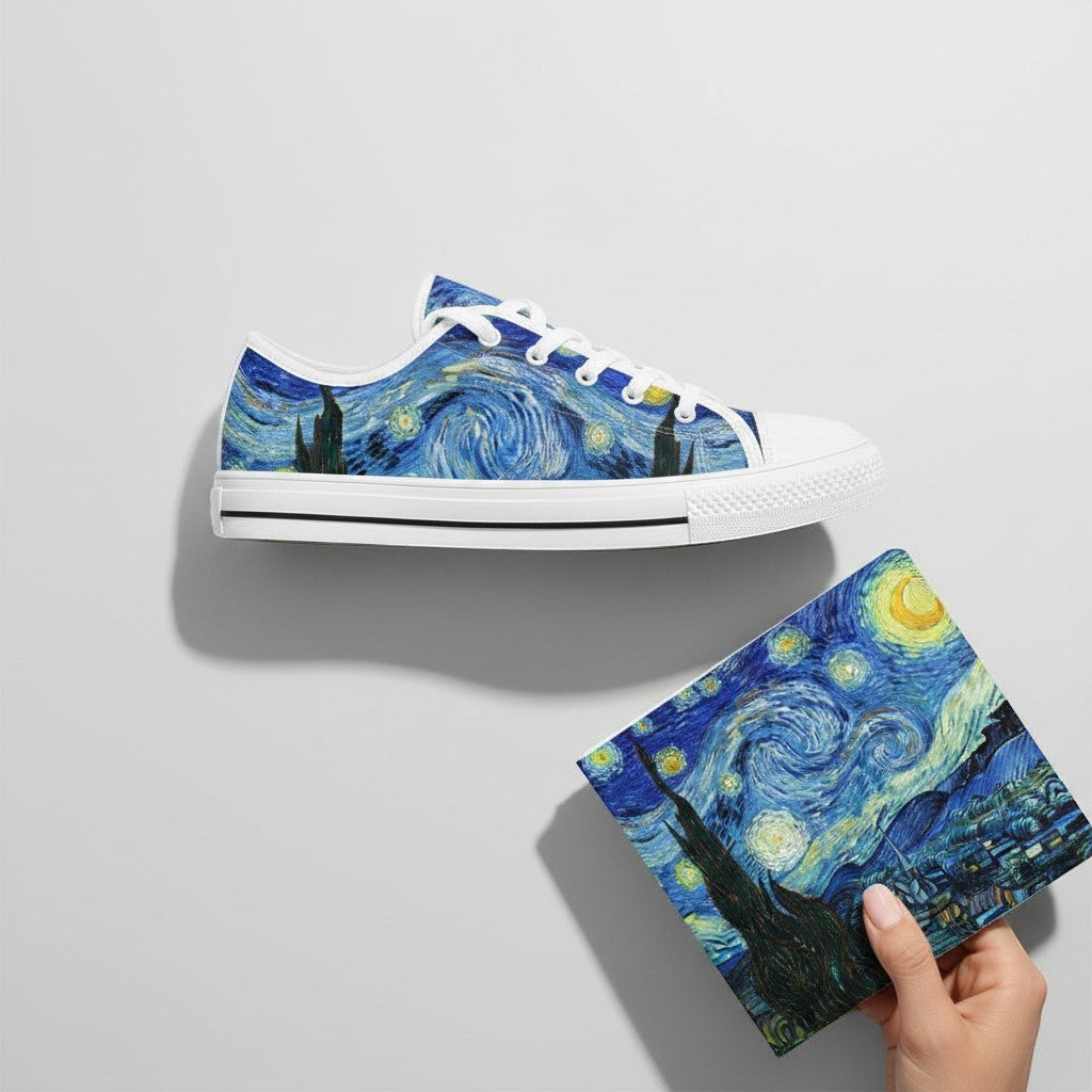 Freaky Shoes® Starry Night canvas sneakers featuring Van Gogh art, blue galaxy print, and white lace-up design.