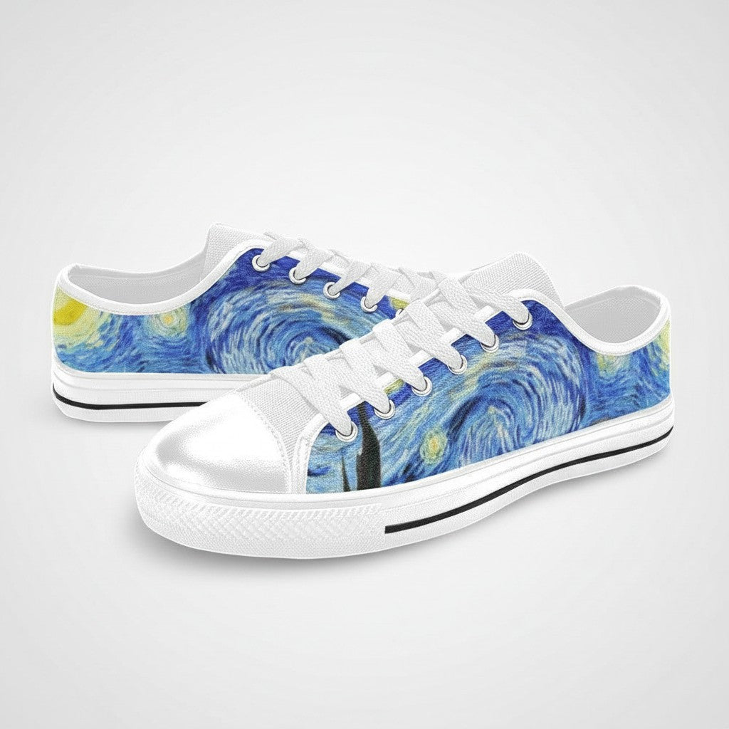 Freaky Shoes® Starry Night canvas low-top sneakers featuring a vibrant blue and yellow swirling galaxy art print.