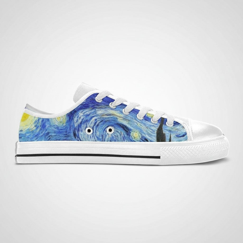 Freaky Shoes® men's low-top canvas sneakers featuring the iconic Starry Night painting print with white laces and sole.