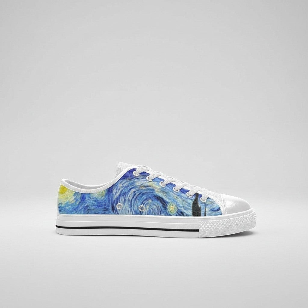 Freaky Shoes® women's low-top canvas sneakers featuring Van Gogh's Starry Night painting print with white laces