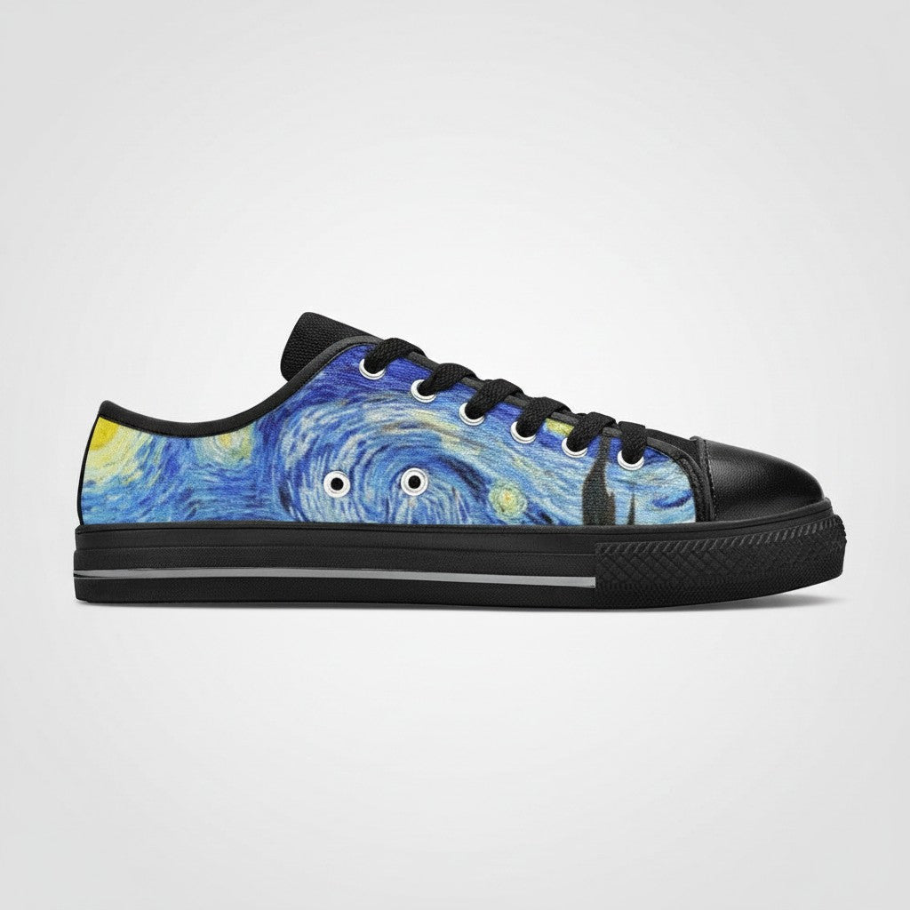 Freaky Shoes® low-top canvas sneakers featuring Vincent van Gogh Starry Night art print with black trim and laces