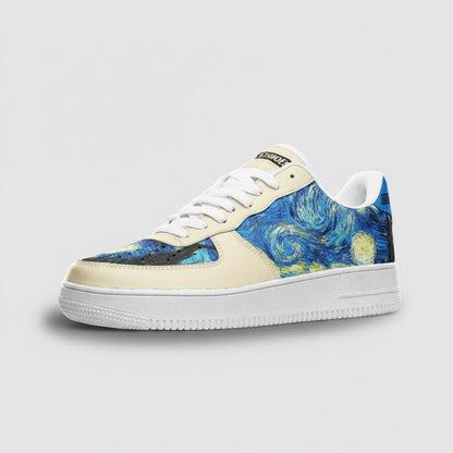 Freaky Shoes® Starry Night art custom canvas sneakers with blue galaxy print, white laces, and rubber sole.