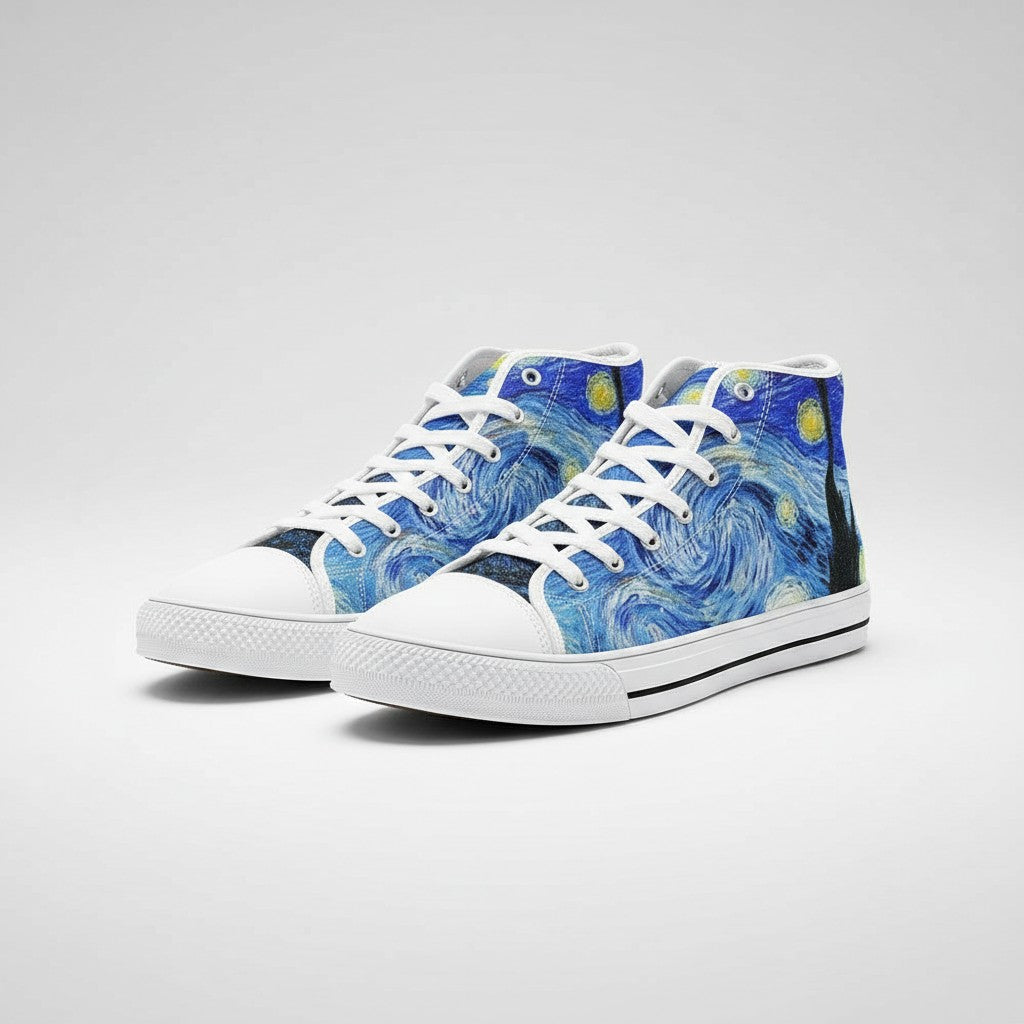 Freaky Shoes® Starry Night art high-top canvas sneakers with blue galaxy print and white lace-up closure
