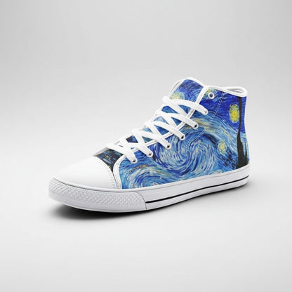 Freaky Shoes® Starry Night high-top canvas sneakers featuring blue galaxy art, white laces, and rubber toe caps.
