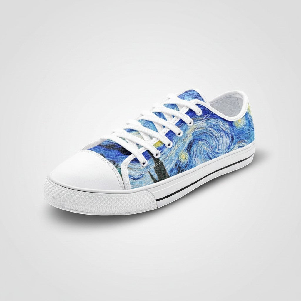 Freaky Shoes® Starry Night art canvas sneakers with blue galaxy print, white laces, and durable rubber toe cap.