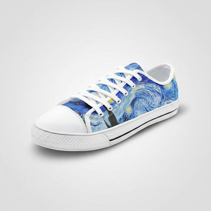 Freaky Shoes® Starry Night art canvas sneakers with blue galaxy print, white laces, and durable rubber toe cap.