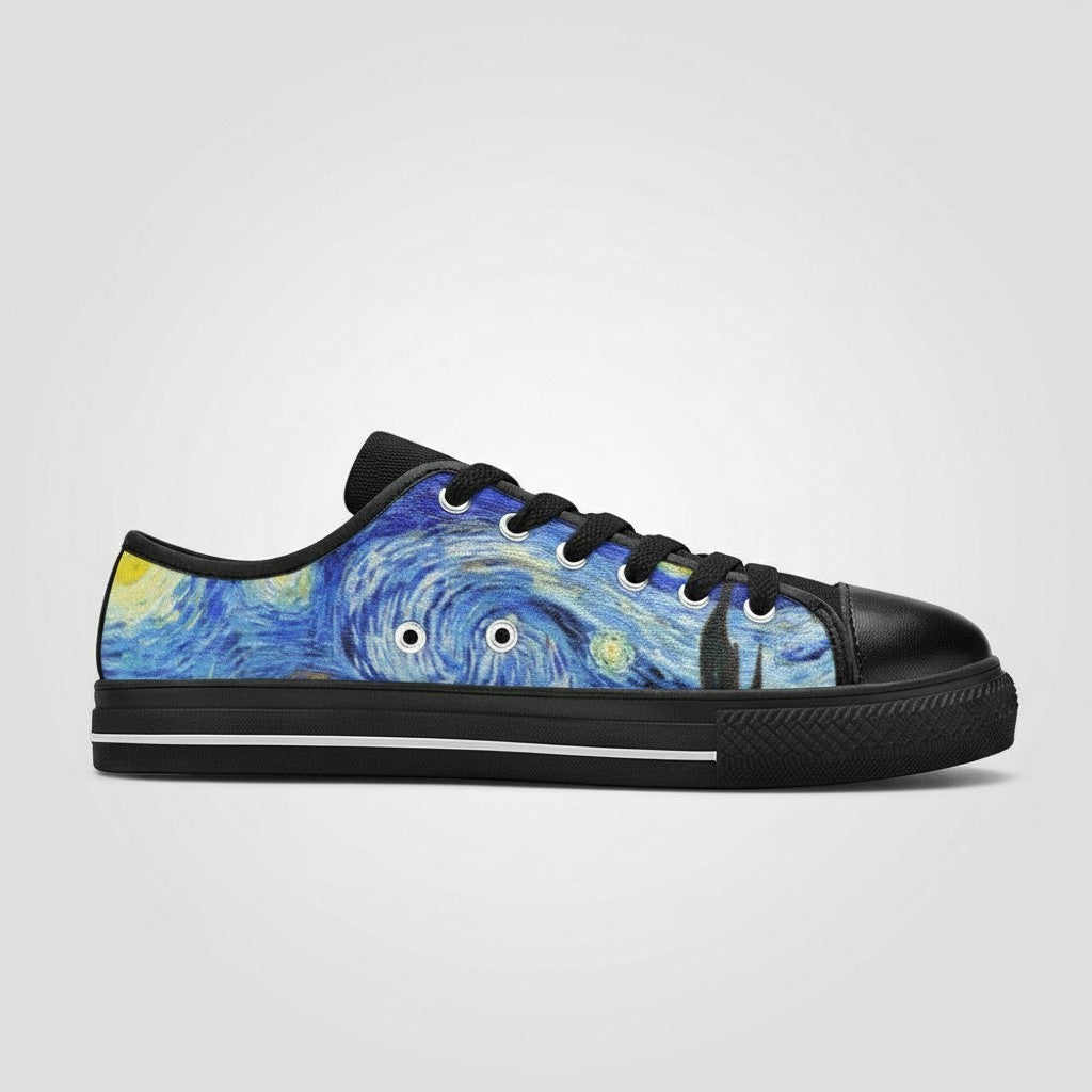 Freaky Shoes® Starry Night canvas low-top sneakers featuring Van Gogh inspired blue and yellow galaxy art print.