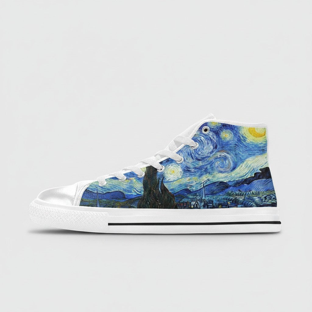Freaky Shoes® women's high-top canvas sneakers featuring a vibrant Starry Night galaxy art print and white laces.