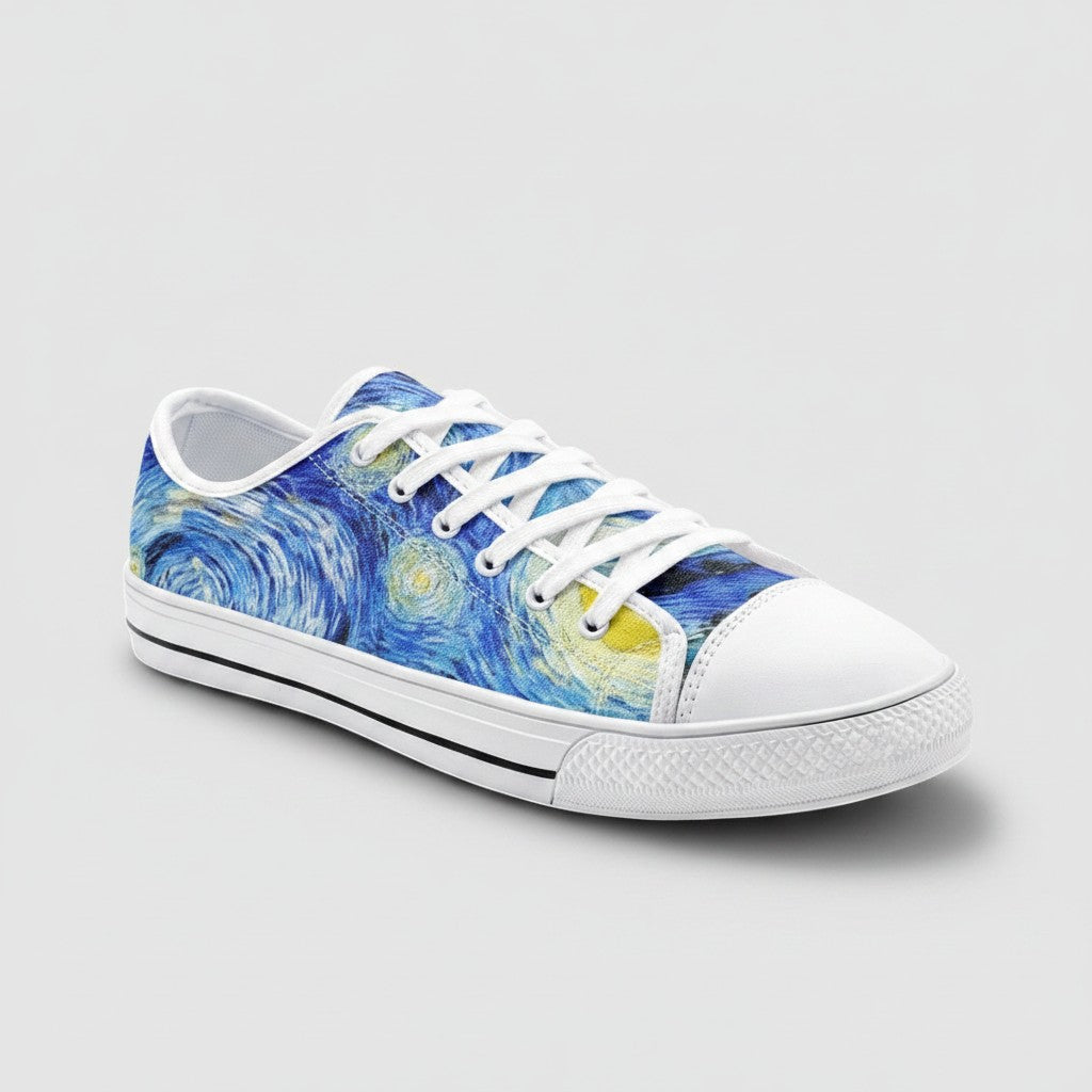 Freaky Shoes® Starry Night art canvas sneakers with blue galaxy print, white laces, and rubber toe cap.