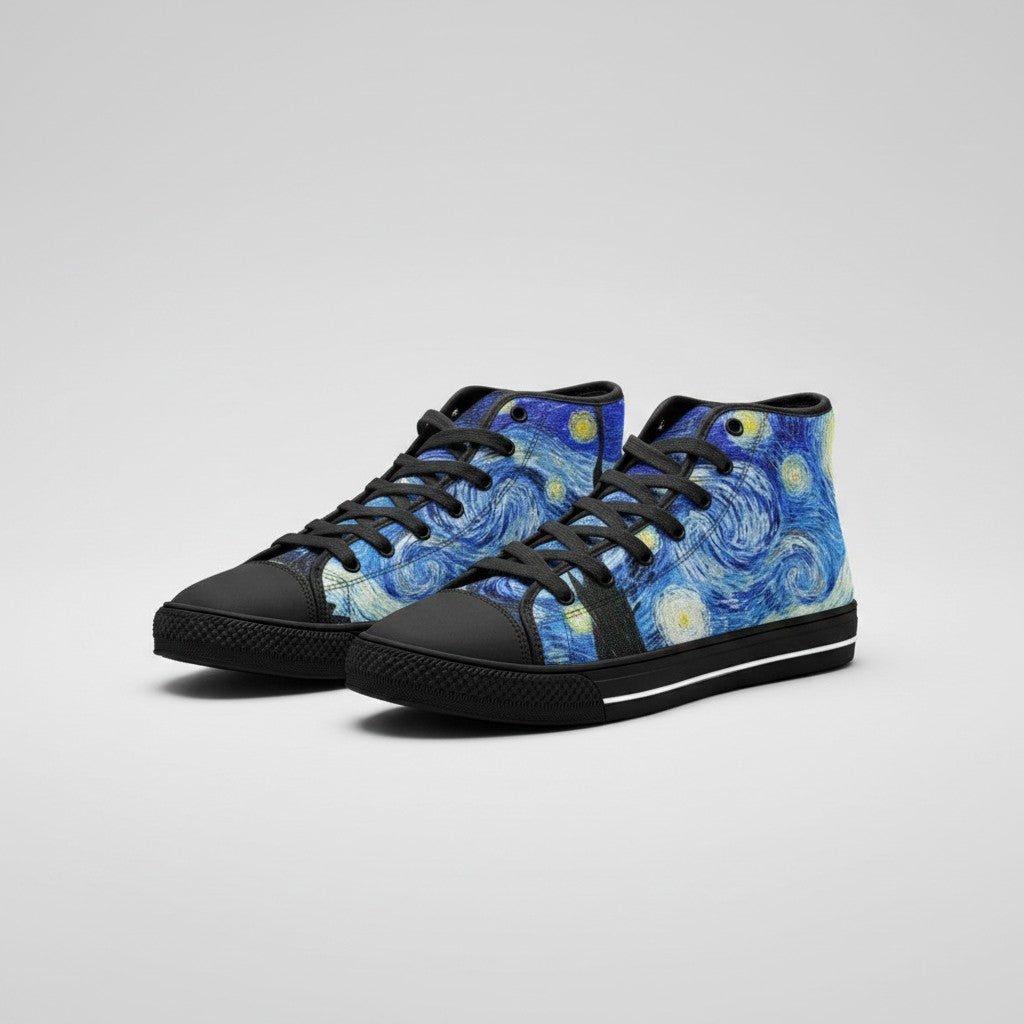 Freaky Shoes® high-top canvas sneakers featuring a blue and yellow Starry Night art print with black laces and trim.