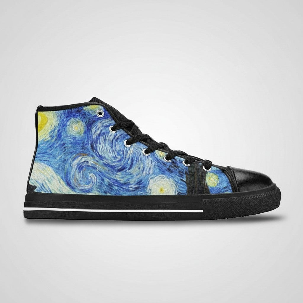 Freaky Shoes® women's high-top canvas sneakers featuring a vibrant Starry Night galaxy print with black trim and laces.