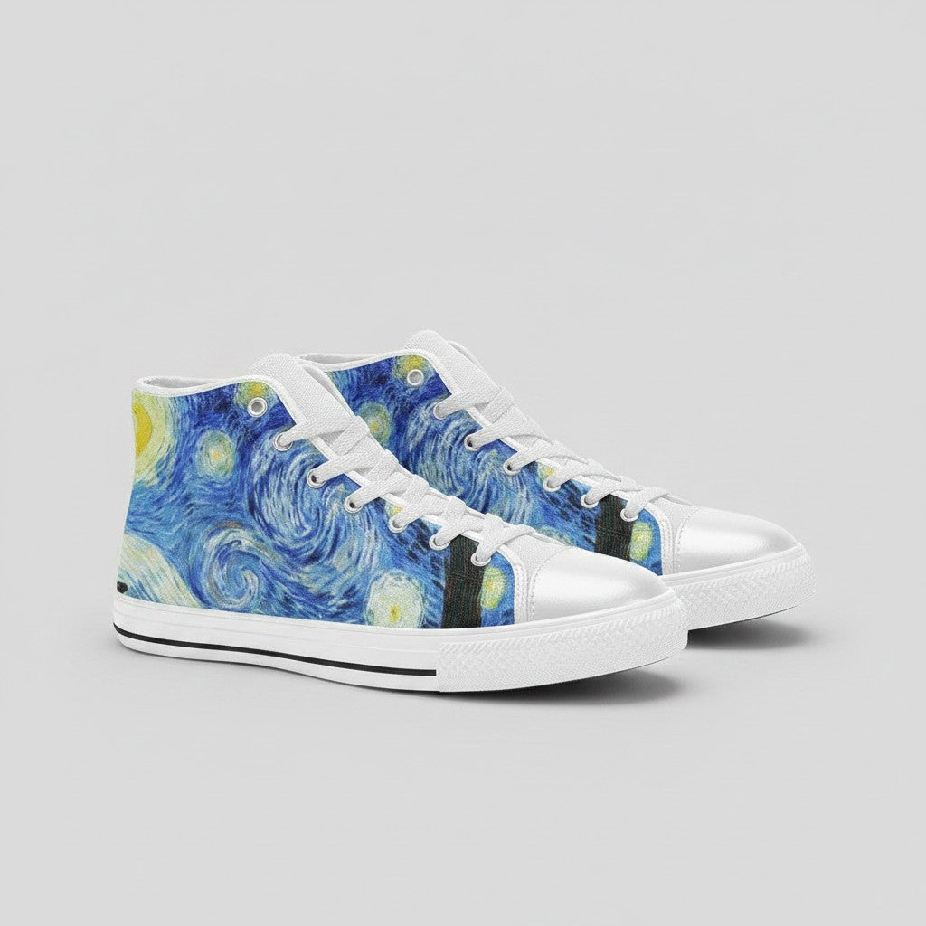 Freaky Shoes® women's high-top canvas sneakers featuring a vibrant Starry Night galaxy print with white laces and soles.