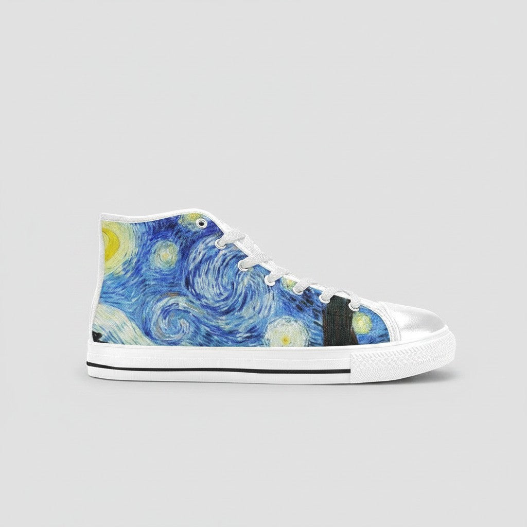 Freaky Shoes® women's high-top canvas sneakers featuring a vibrant Starry Night galaxy print with white laces and toe.