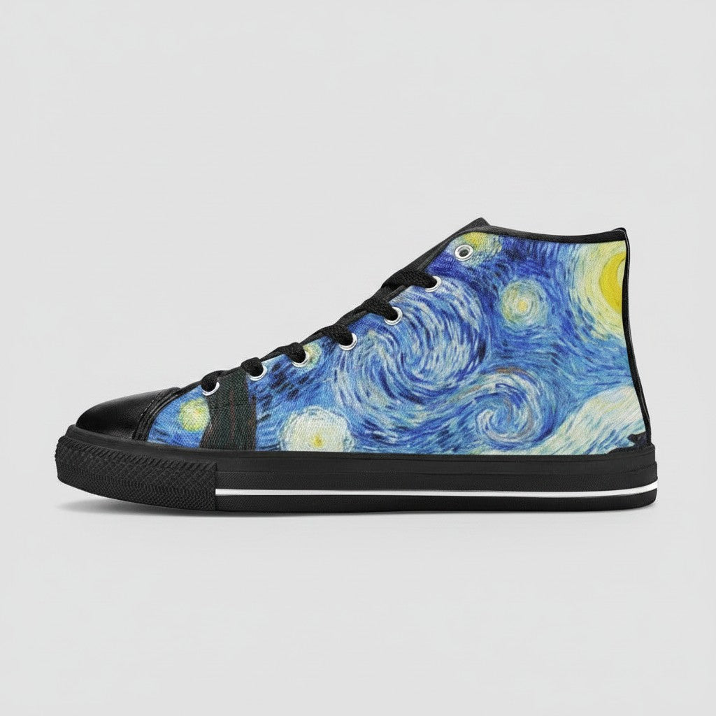 Freaky Shoes® women's high-top canvas sneakers featuring a blue and yellow Starry Night galaxy art print