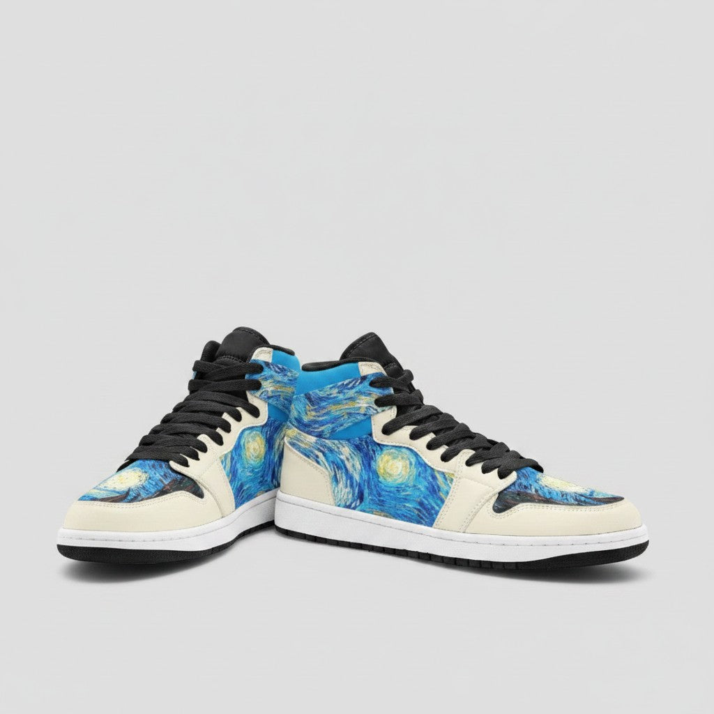 Freaky Shoes® Starry Night high-top canvas sneakers featuring vibrant galaxy-inspired art and black laces.