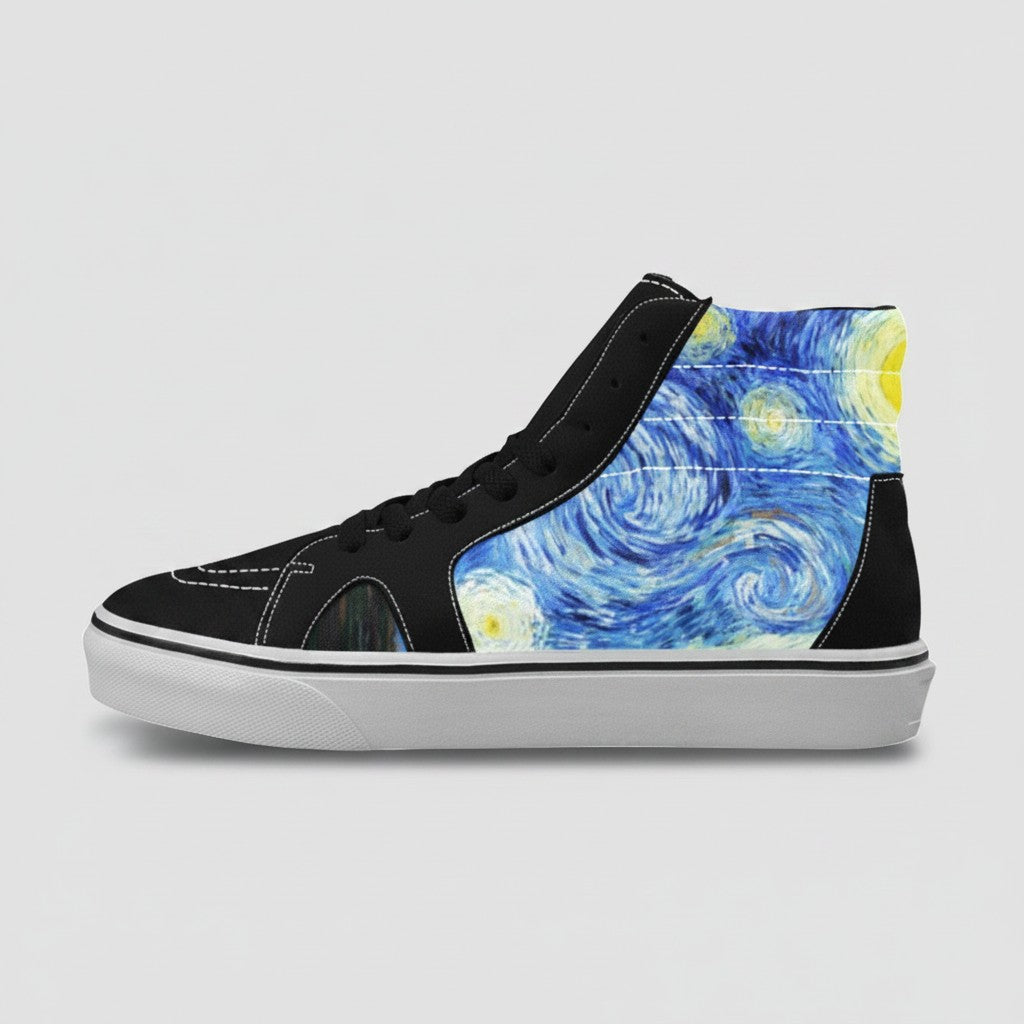 Freaky Shoes® high-top canvas skateboarding shoes featuring a vibrant Starry Night galaxy print on black fabric.