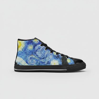 Freaky Shoes® men's high-top canvas sneakers featuring a blue and yellow Starry Night galaxy art print