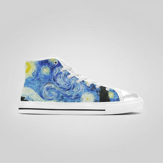 Freaky Shoes® Starry Night high-top canvas sneakers featuring a vibrant blue galaxy print and white rubber toe cap.