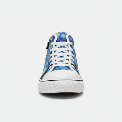 Freaky Shoes® Starry Night high-top canvas sneakers with blue galaxy print and white laces, front view