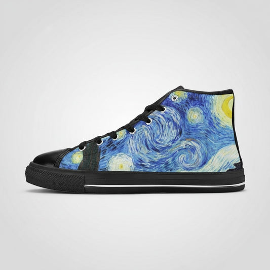 Freaky Shoes® high-top canvas sneakers featuring Van Gogh Starry Night galaxy art with black trim and laces.