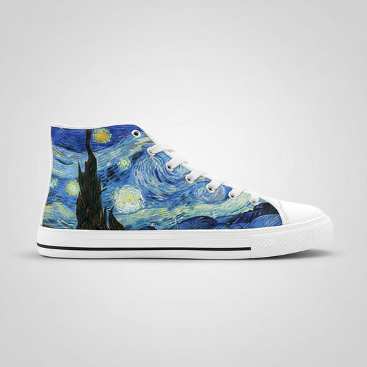 Freaky Shoes® women's high-top canvas sneakers featuring a vibrant Starry Night galaxy print with white laces and soles