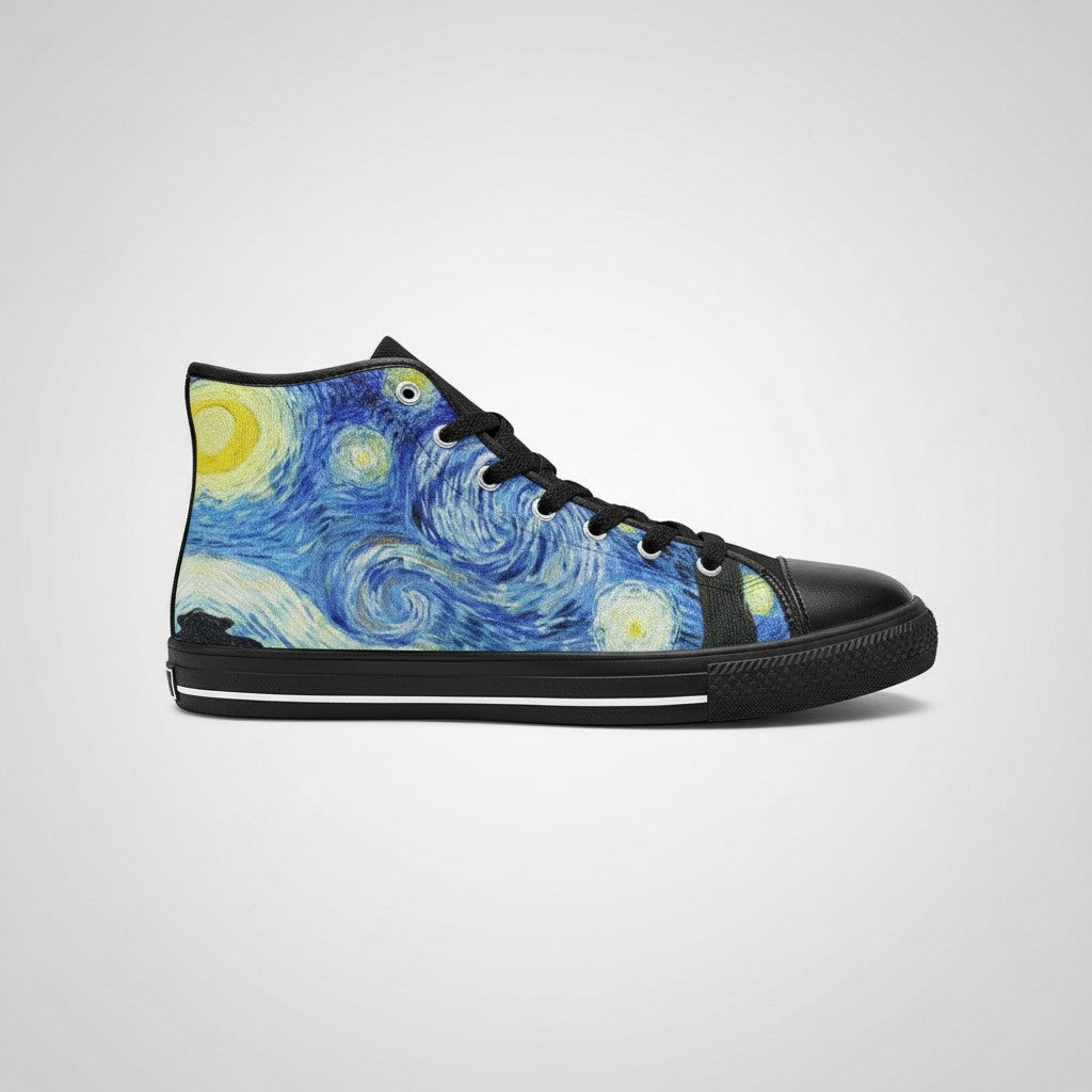 Freaky Shoes® men's high-top canvas sneakers featuring a vibrant Starry Night galaxy art print and black trim.