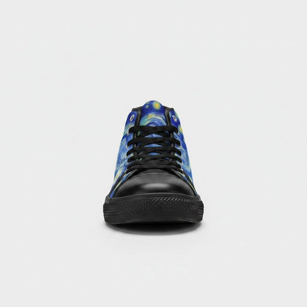 Freaky Shoes® men's high-top canvas sneakers featuring a blue and yellow Starry Night galaxy art print