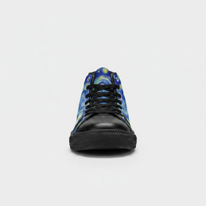 Freaky Shoes® men's high-top canvas sneakers featuring a blue and yellow Starry Night galaxy art print