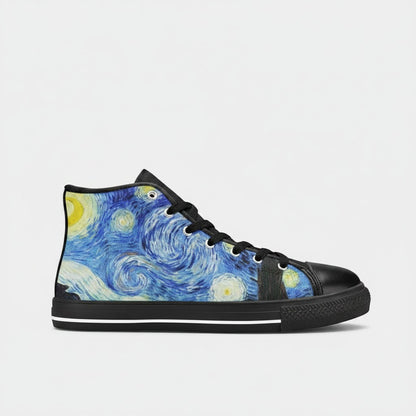 Freaky Shoes® men's high-top canvas sneakers featuring a vibrant Starry Night galaxy print with black laces and trim.