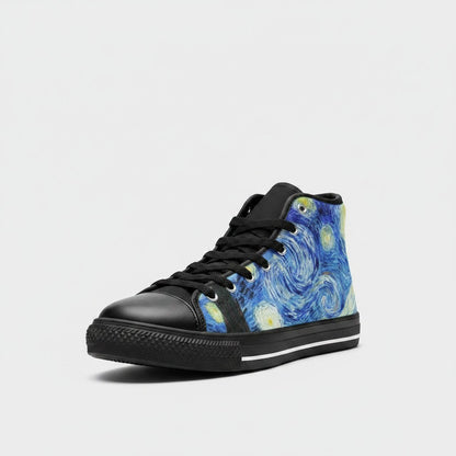 Freaky Shoes® women's high-top canvas sneakers featuring a Starry Night galaxy print with black laces and trim.