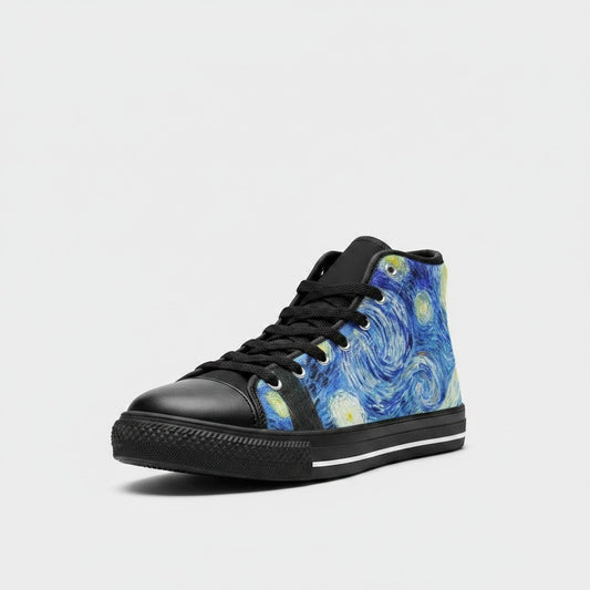 Freaky Shoes® women's high-top canvas sneakers featuring a Starry Night galaxy print with black laces and trim.