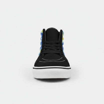 Freaky Shoes® women's high-top canvas skateboarding shoes featuring a Starry Night galaxy print and black accents.