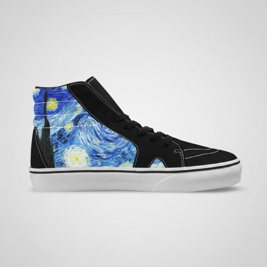 Freaky Shoes® men's high-top canvas skateboarding shoes featuring a vibrant Starry Night galaxy art print.