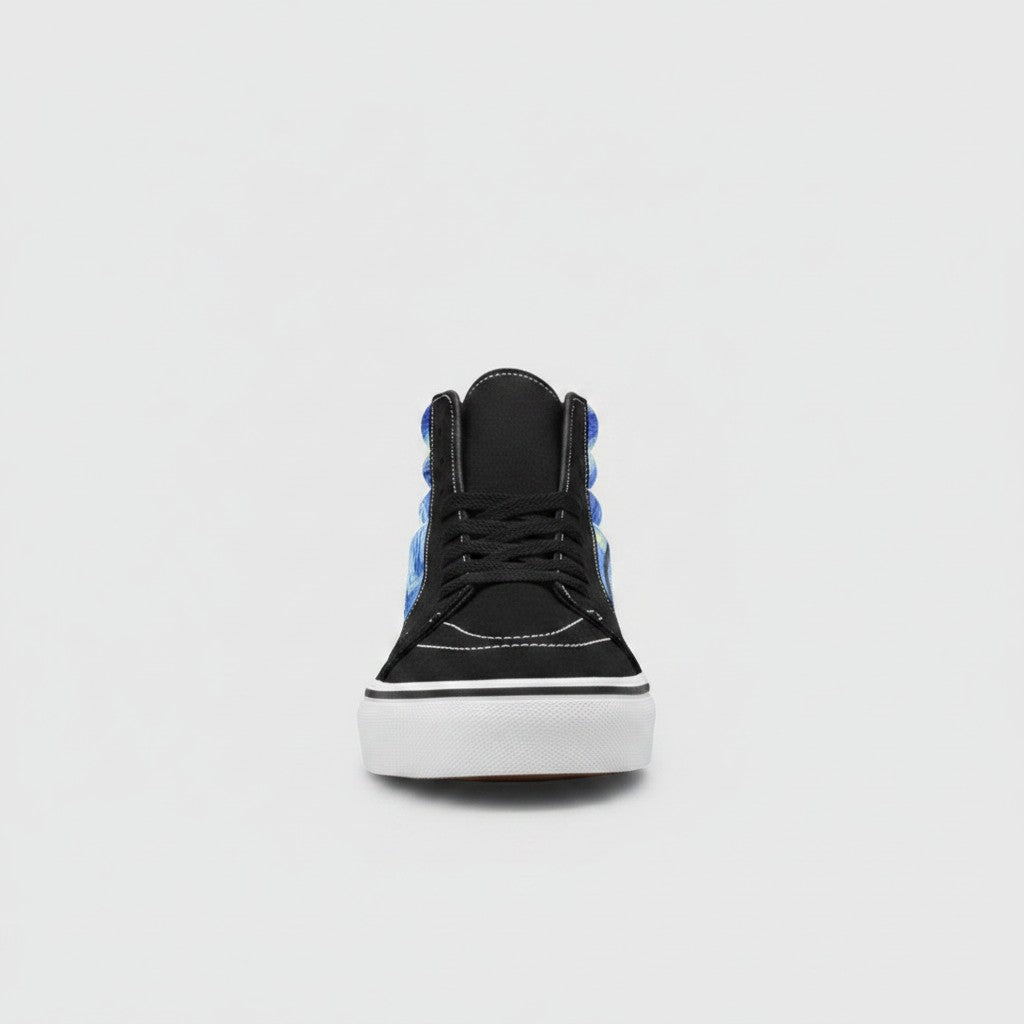 Freaky Shoes® women's high-top canvas skateboarding shoes featuring a blue and yellow Starry Night galaxy print