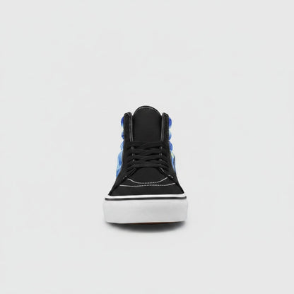 Freaky Shoes® women's high-top canvas skateboarding shoes featuring a blue and yellow Starry Night galaxy print