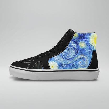 Freaky Shoes® men's high-top canvas skateboarding shoes featuring a Starry Night galaxy art print and black trim.
