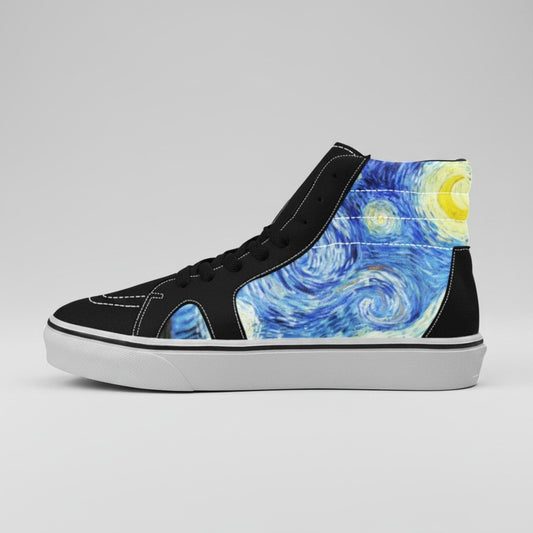 Freaky Shoes® women's high-top canvas sneakers featuring a Starry Night galaxy print and black suede accents.