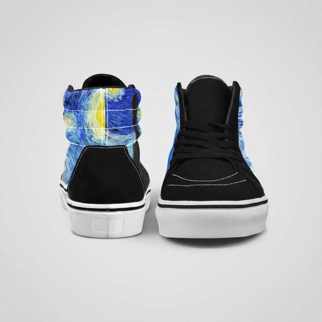 Freaky Shoes® Starry Night high-top canvas sneakers featuring vibrant galaxy art, black accents, and white rubber soles.