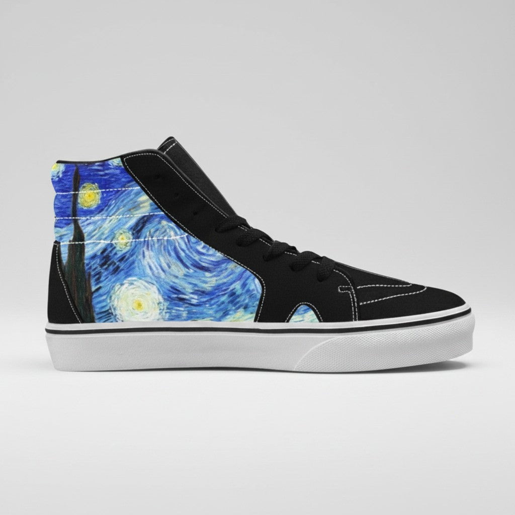 Freaky Shoes® women's high-top canvas sneakers featuring a Starry Night galaxy print and black accents.